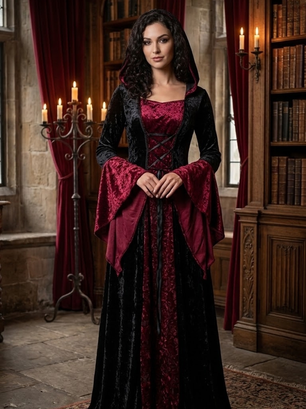 Goth Victorian Vampire Witchcore Renaissance Black Red Velvet Hooded Dress L New